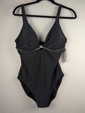 Lauren Ralph Lauren Black One-Piece Tank Swimsuit w/Gold RLL Monogram Sz 14 NEW